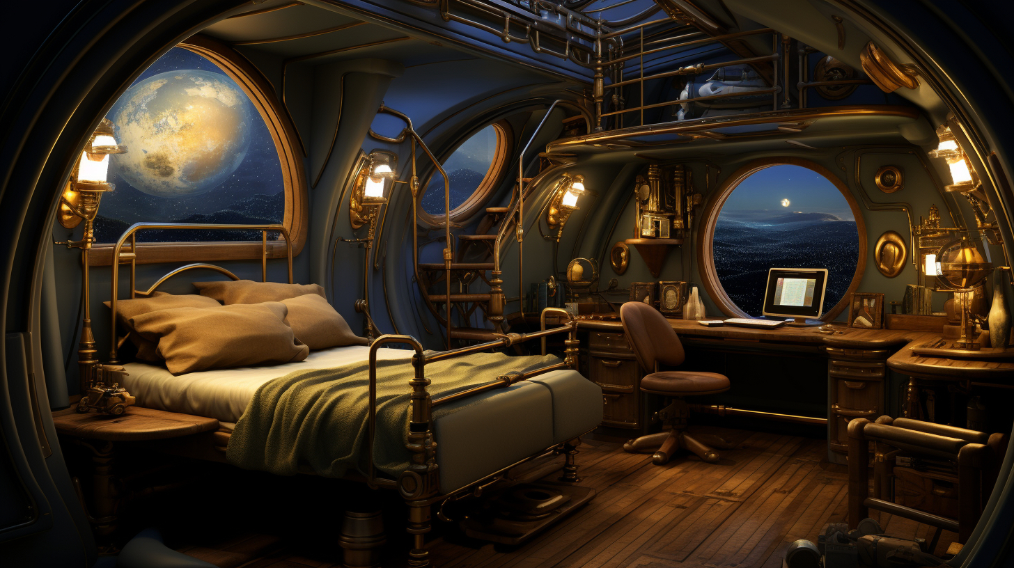 Pirate-style crew stateroom with purple cosmos view