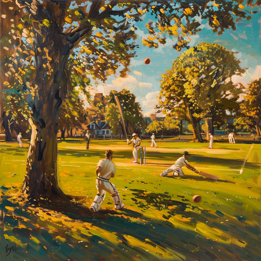 Cricket Players Village Green Oil Painting