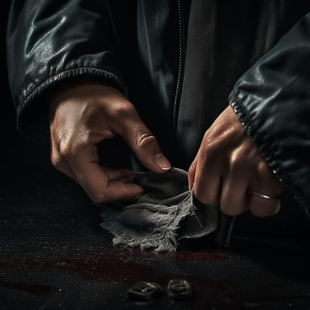 Hand holding scratched and torn clothing evidence