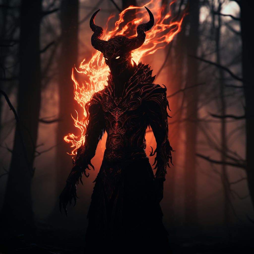 Crimson devil with fiery serpent in shadowy forest