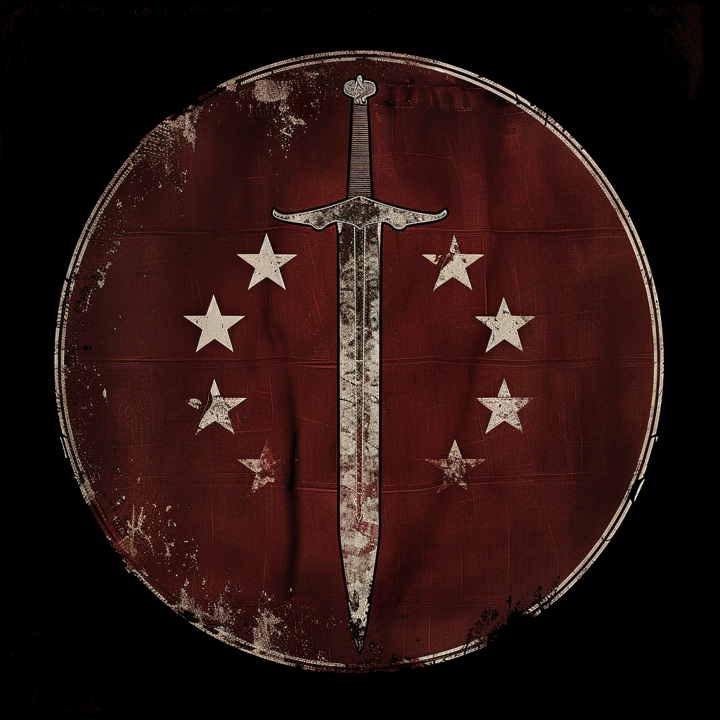 Crimson flag emblem with sword