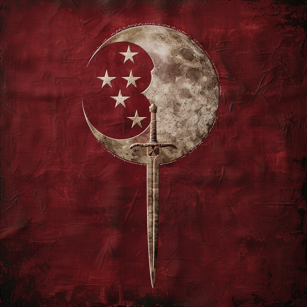 crimson flag with moon, stars, sword