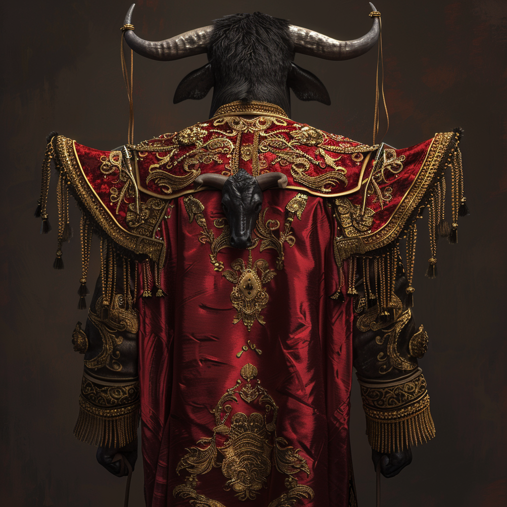 crimson matador's muleta with gold embroidery