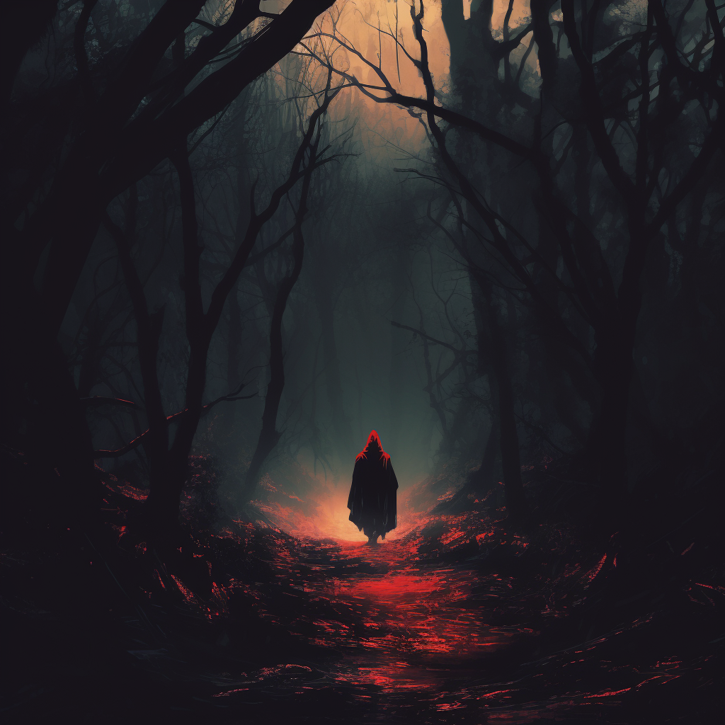 Lone figure in red robe walking down dark path