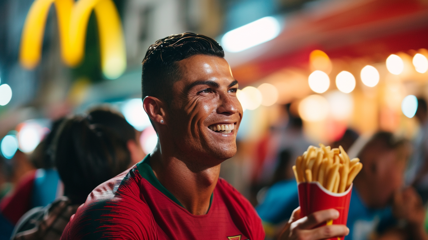 Cristiano Ronaldo in Nike clothing eating McDonald's