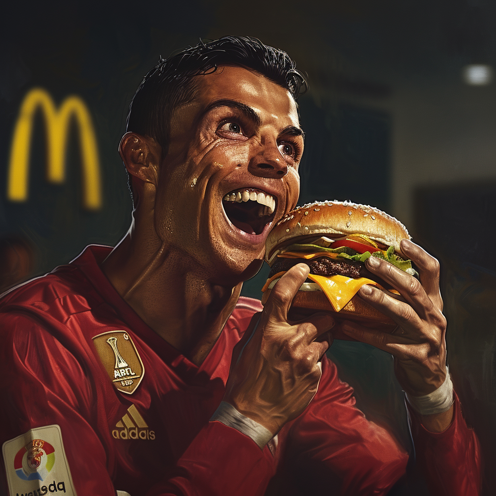 Enthusiastic Cristiano Ronaldo enjoying McDonald's burger