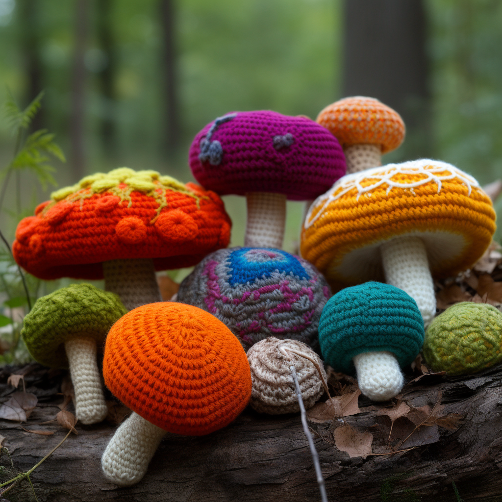 Colorful crochet fungi toys with fancy details