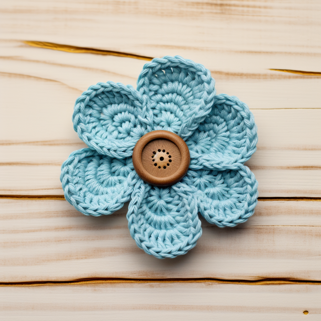 Crochet flower on brown wooden background