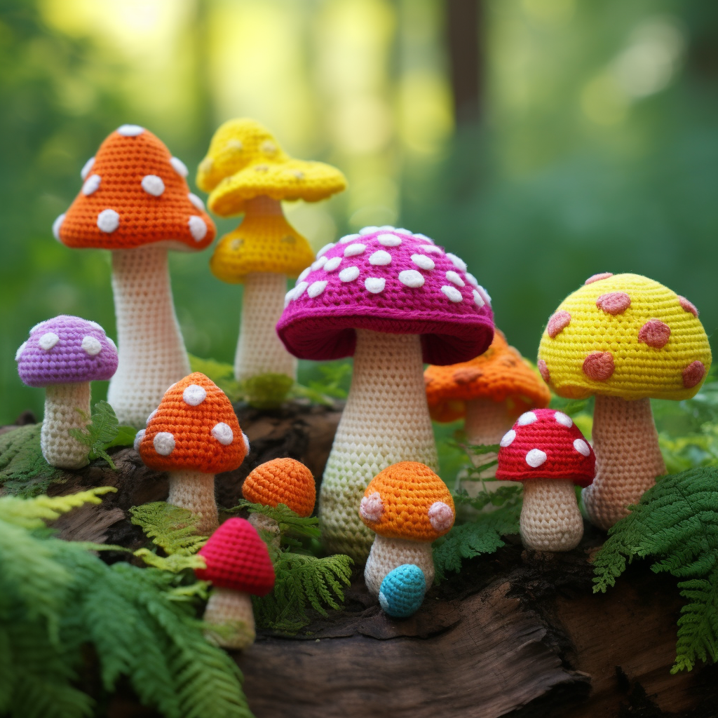 Vibrant crochet mushroom toys