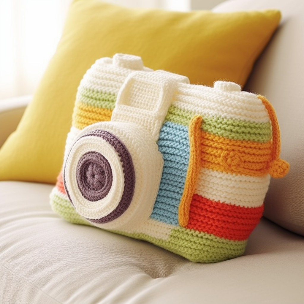 Crochet pillow with Sony camera made from knitting wool