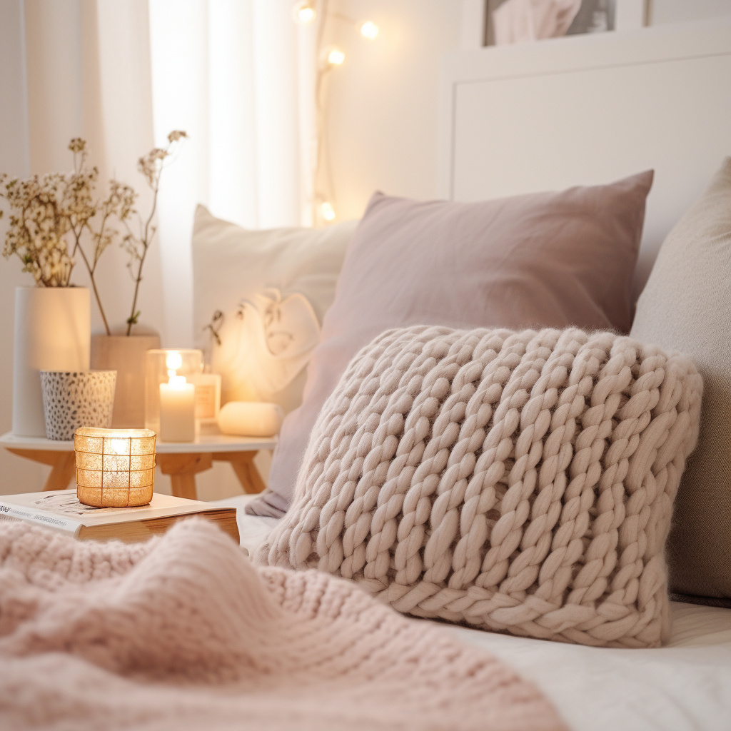 Crocheted cushion on bed photo