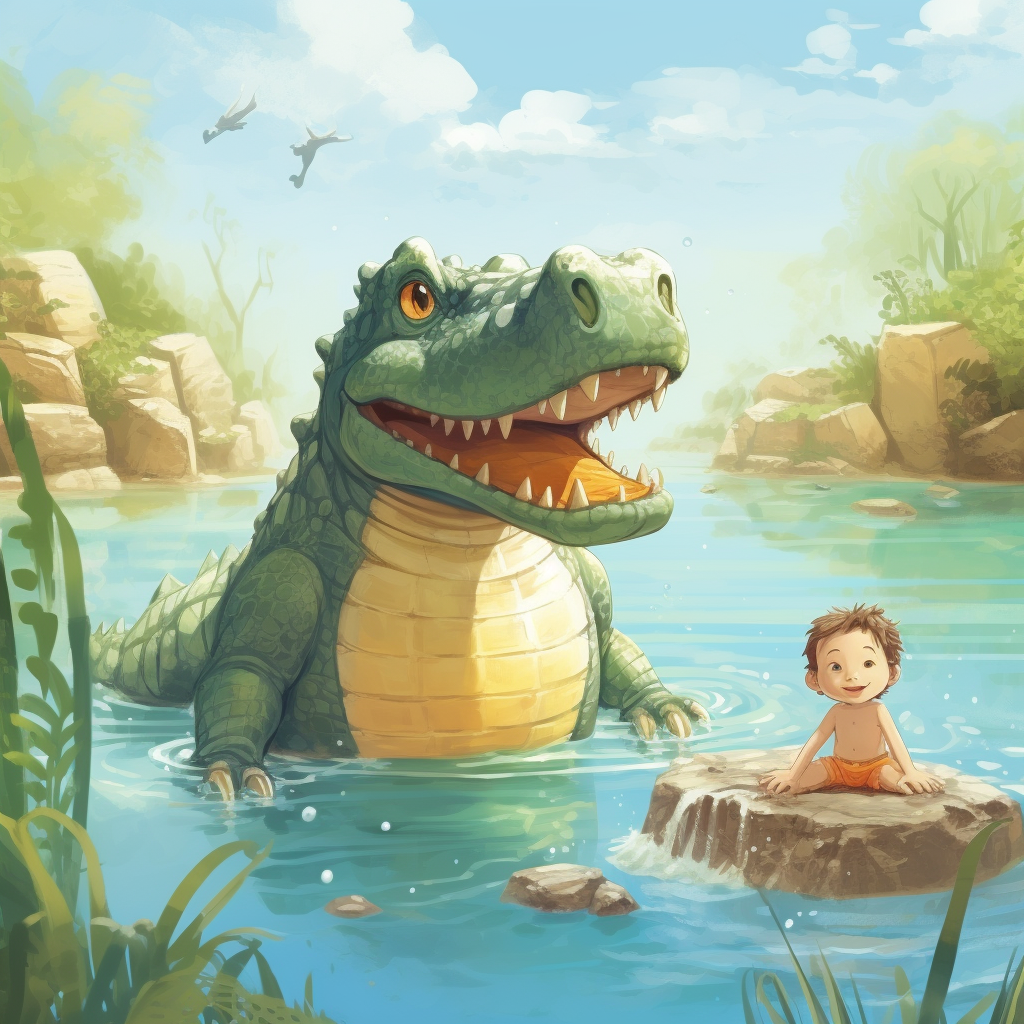 Crocodile child shoreline swimming illustration