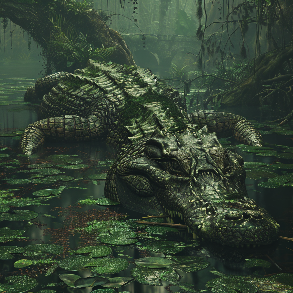 Crocodile lizardman statue in swamp