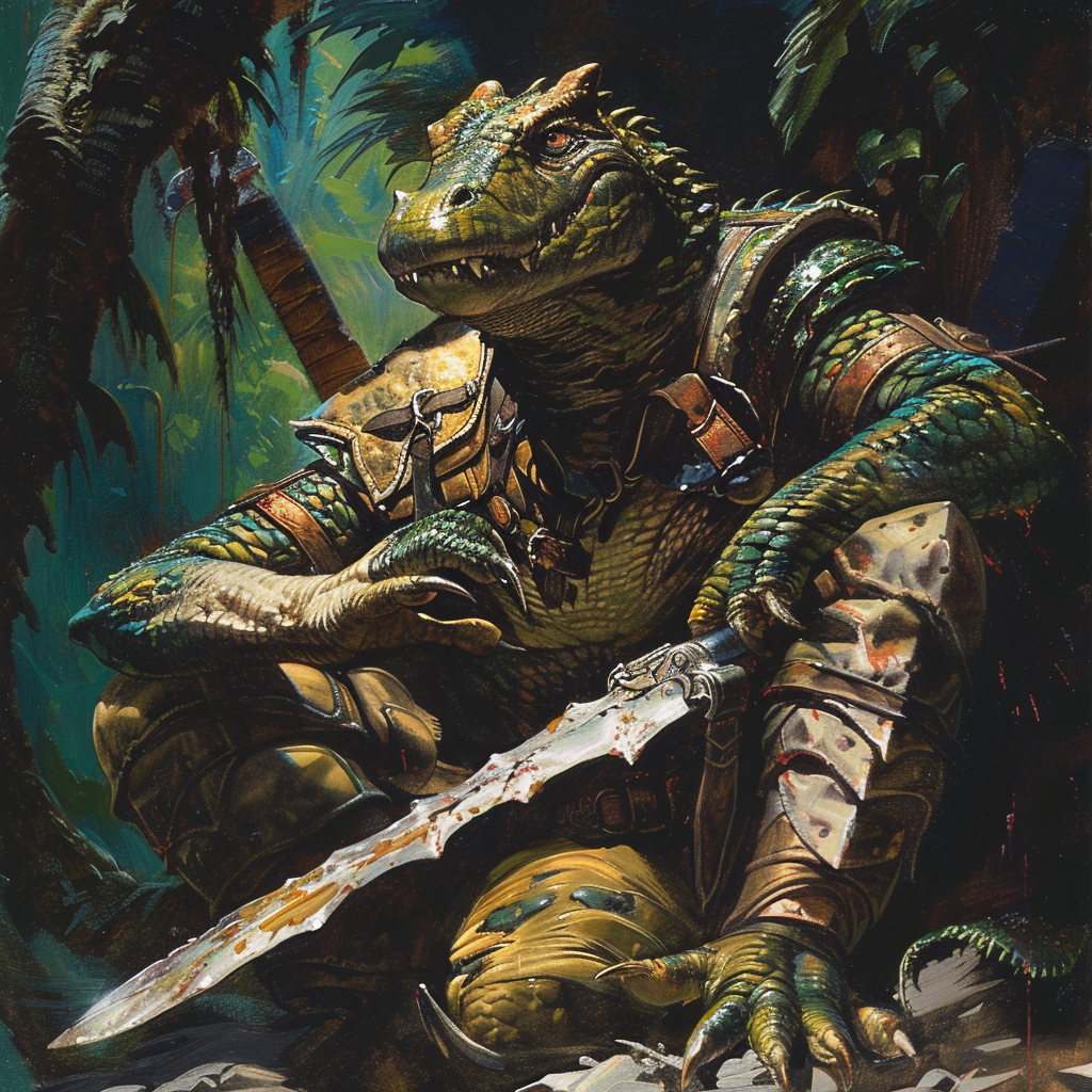 Crocodile lizardman surrendering weapons image