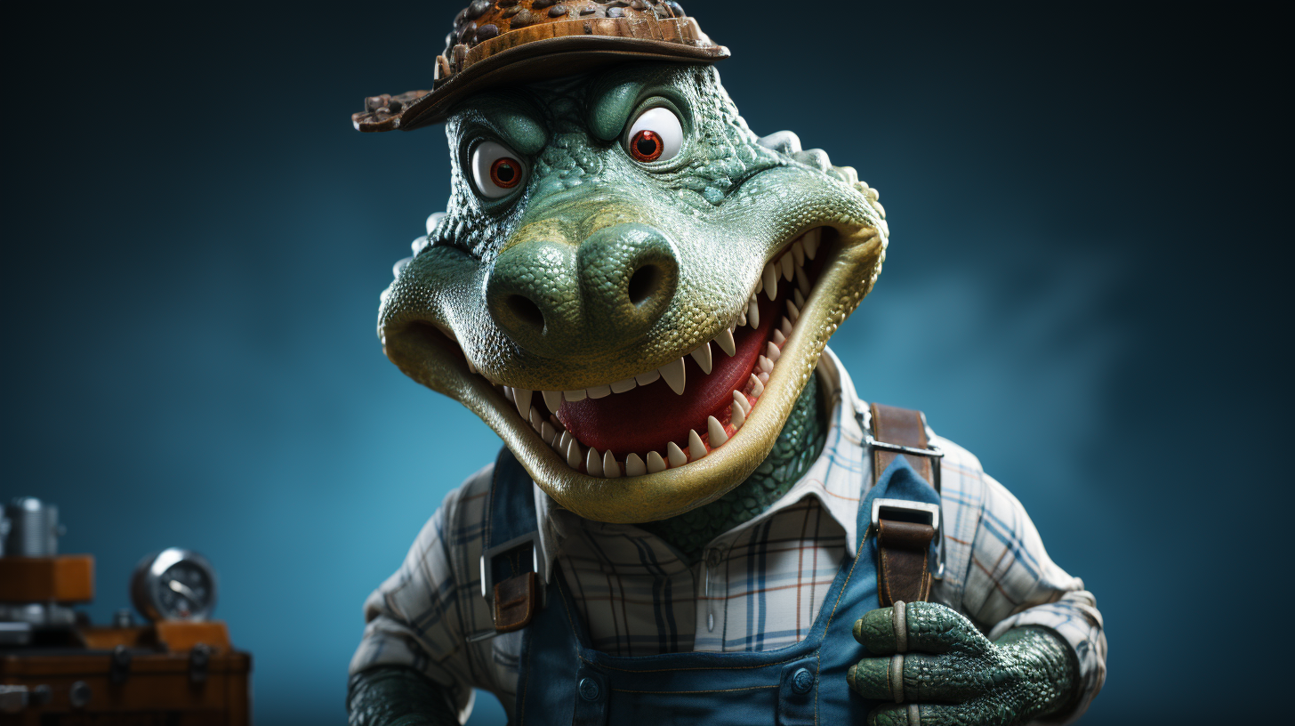 Crocodile mechanic with wrench and car