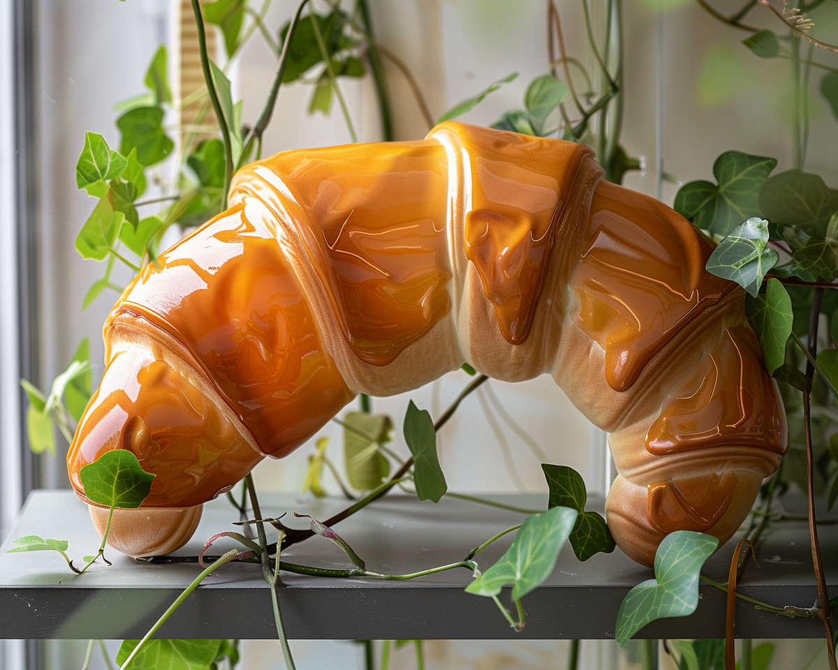 croissant with thick orange paint, plastic decoration, greenery