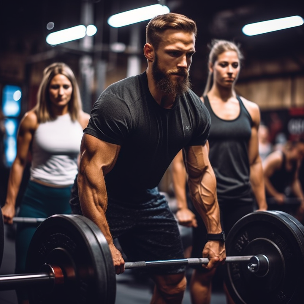 Group of people performing intense CrossFit exercises