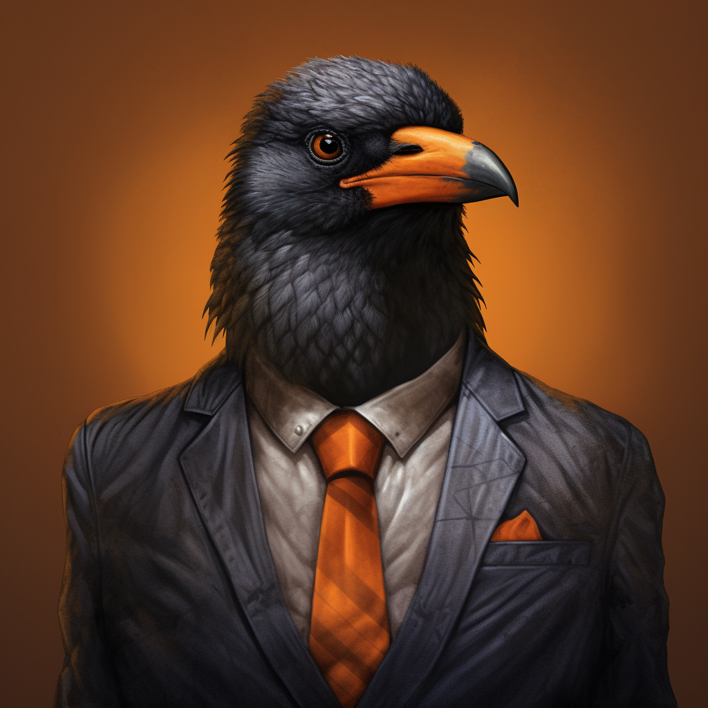 Crow bird wearing orange tie