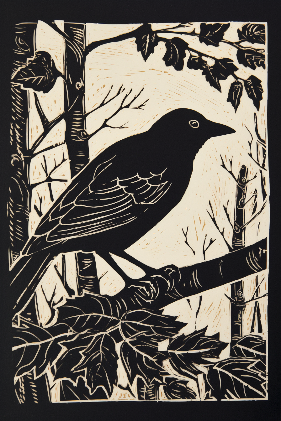 Black and white linocut print of a crow and stag beetle.