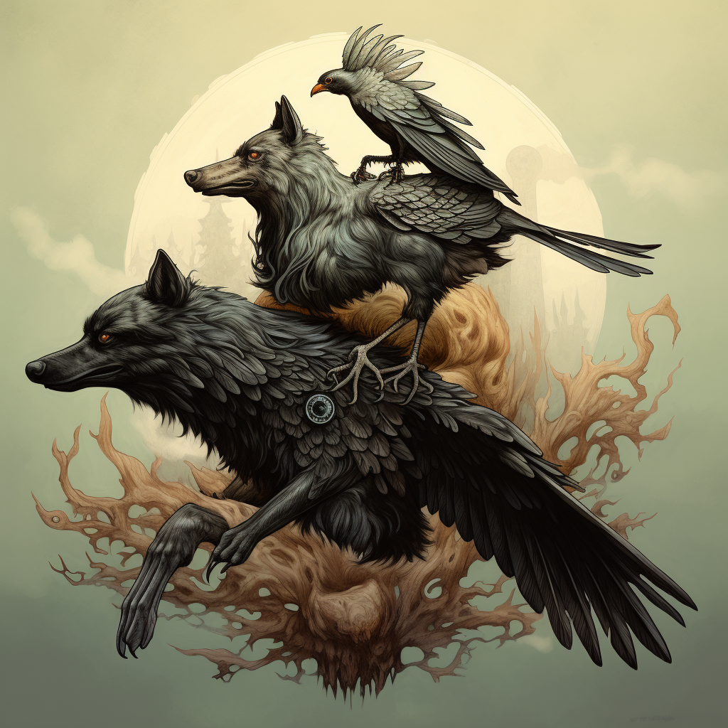 A crow riding on a majestic wolf