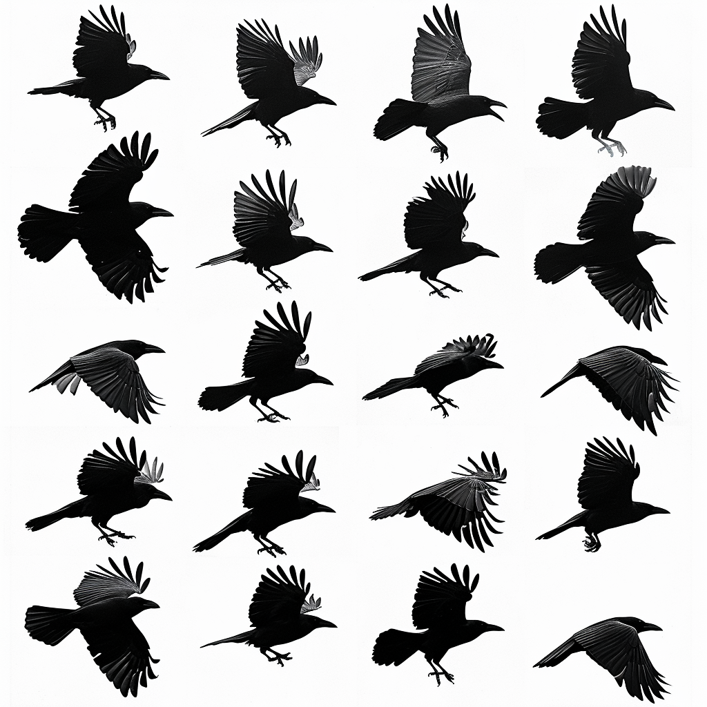 Crow in flight, detailed wingbeat animation