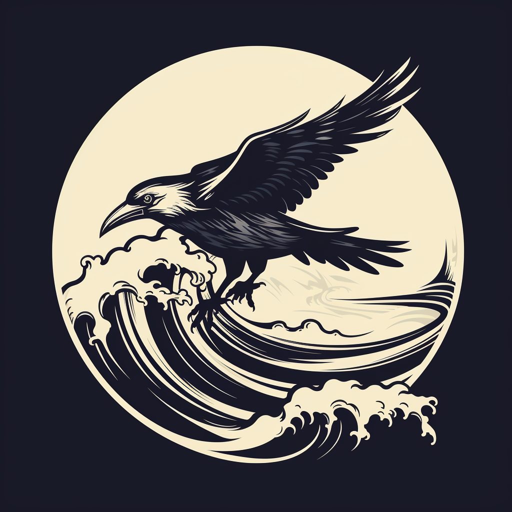 Black and white logo design of a crow surfing high waves  ??