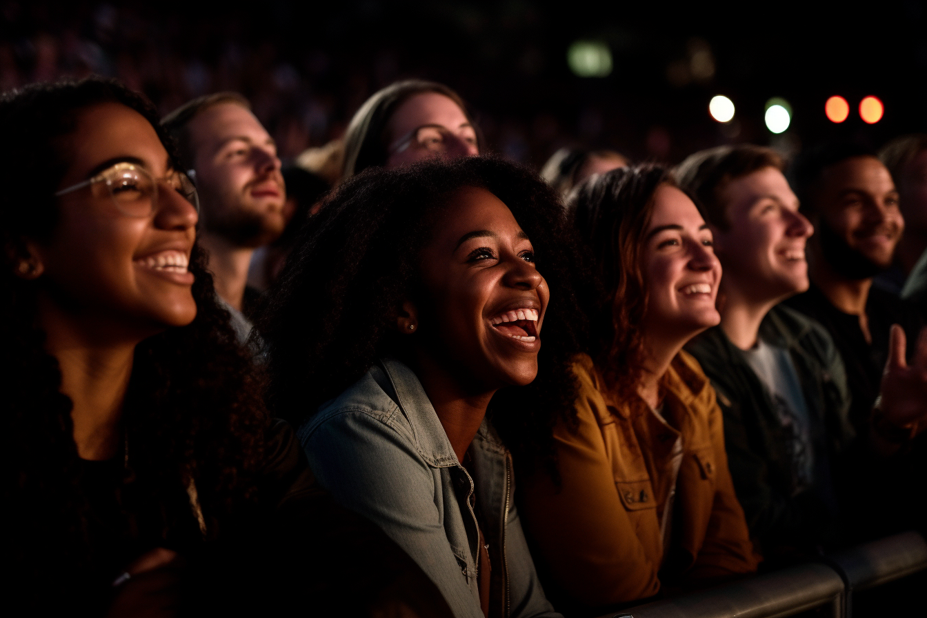 Smiling laughing crowd watching show at night