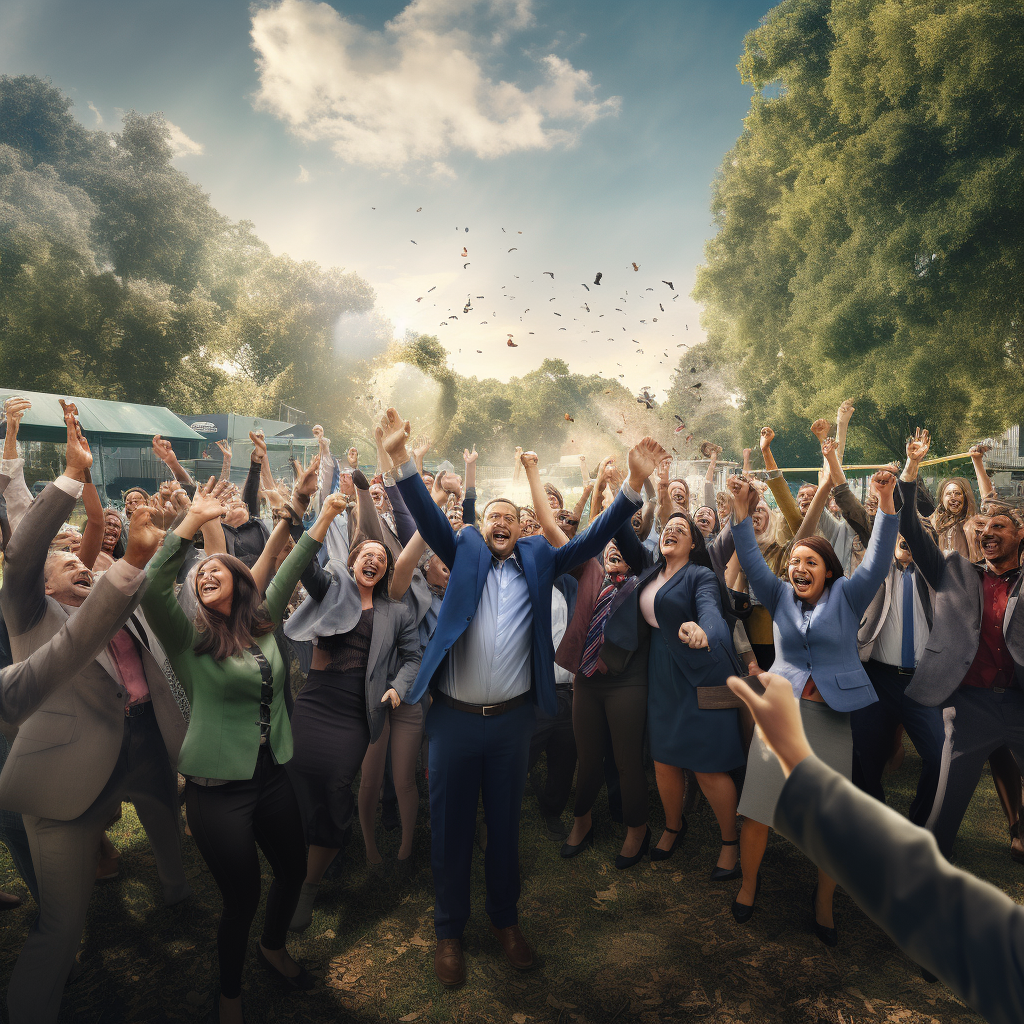 Group of business owners and trademan celebrating success in a park