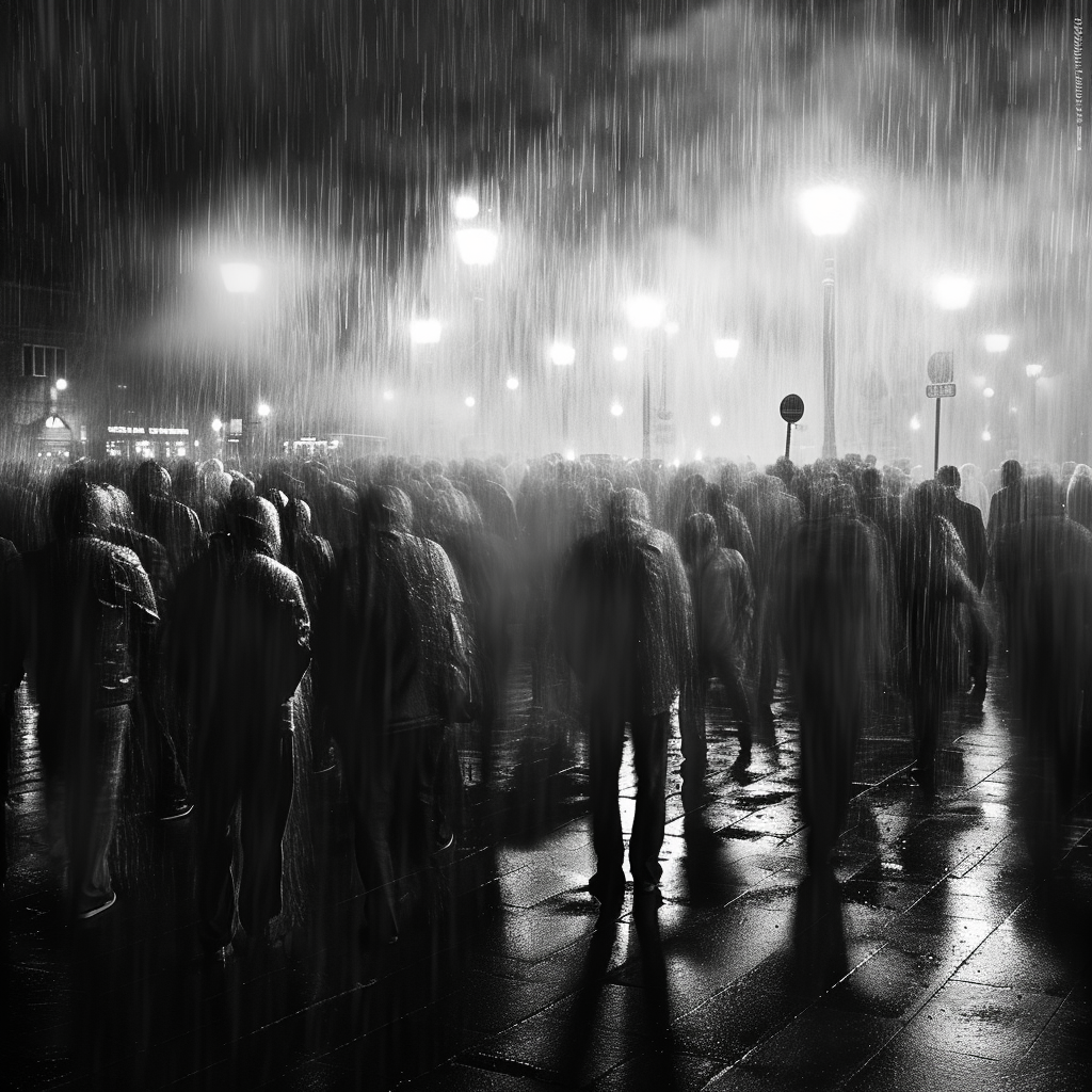 Rainy crowd in black and white