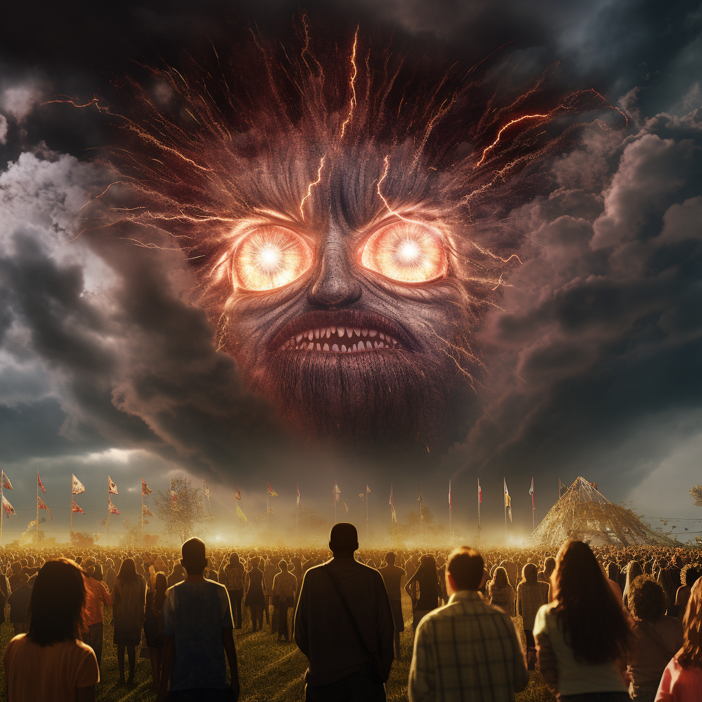 Crowd watching demon face formed by fireworks