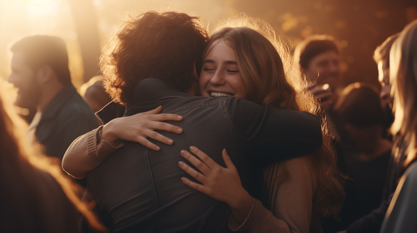 Crowd hugging in cinematic glow