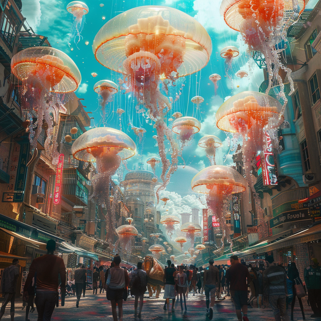 Colorful jellyfish above alien street