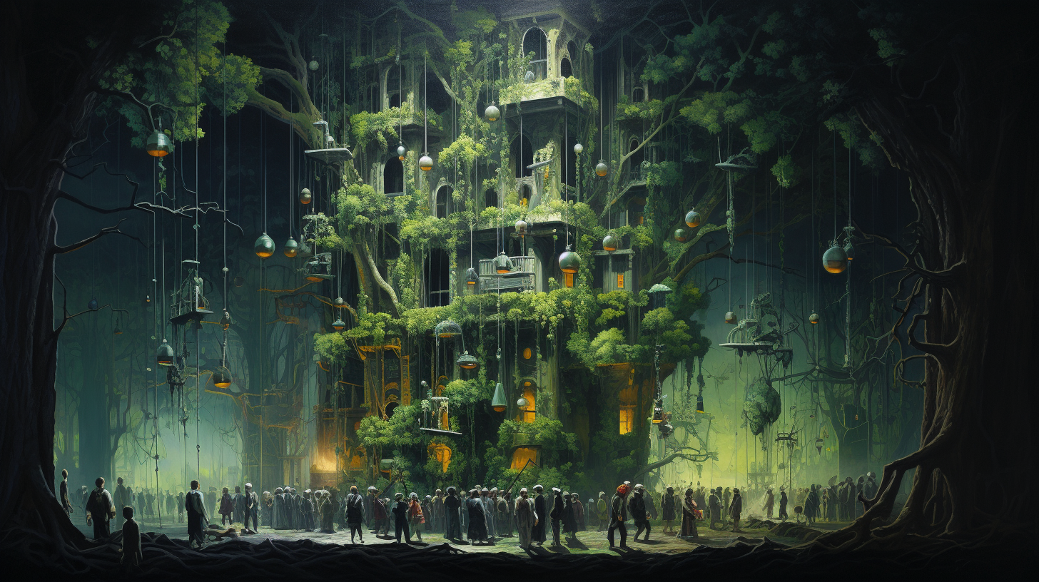 Crowded Arborium with Well-Dressed Cyborg Visitors