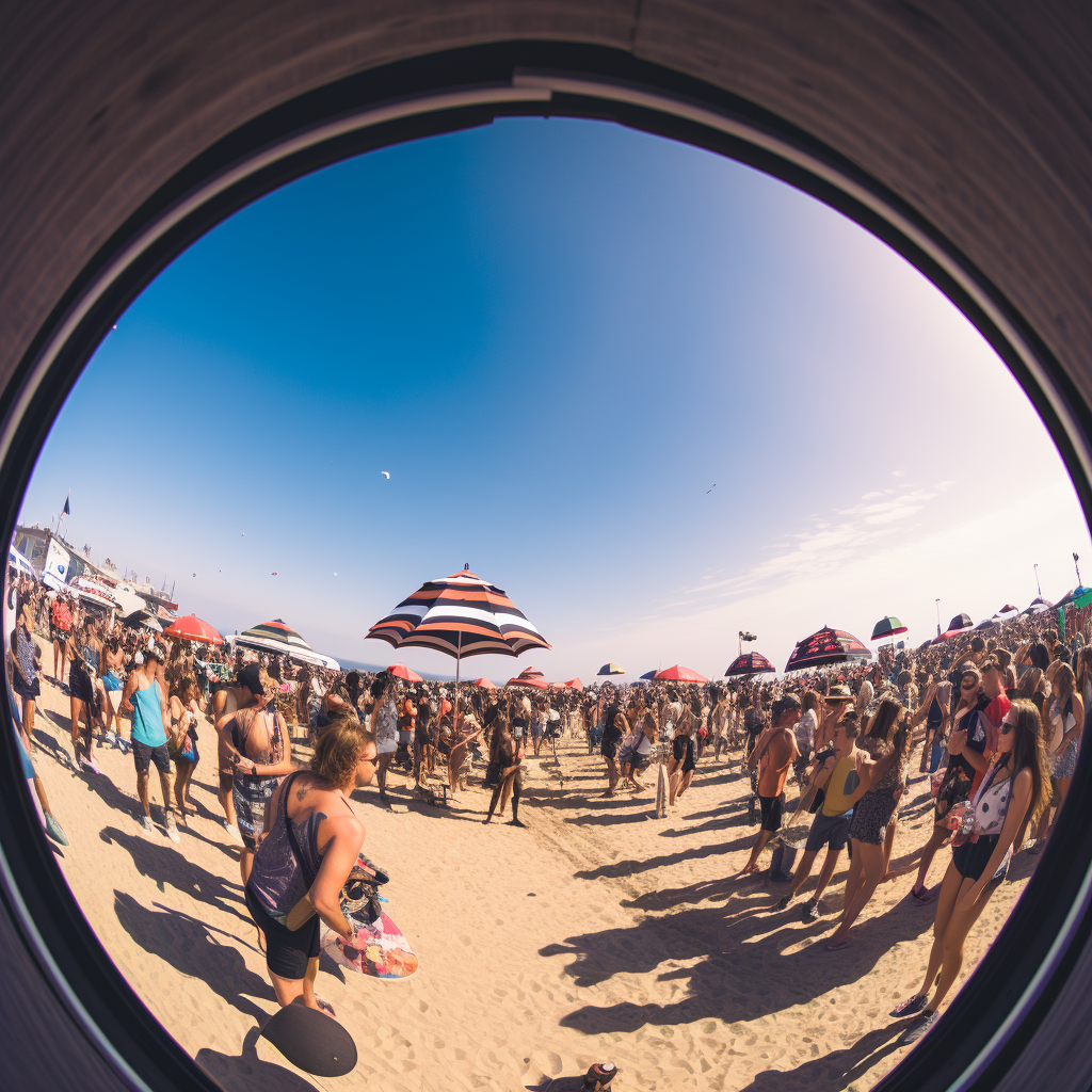 Fisheye photo of a crowded beach with Taylor Swift and small business stand