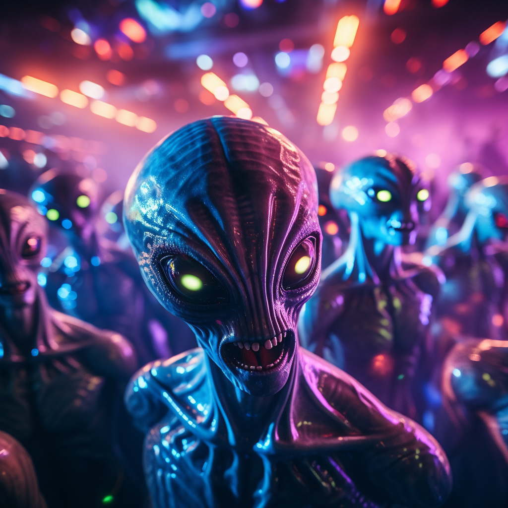 Cute aliens dancing at a crowded rave