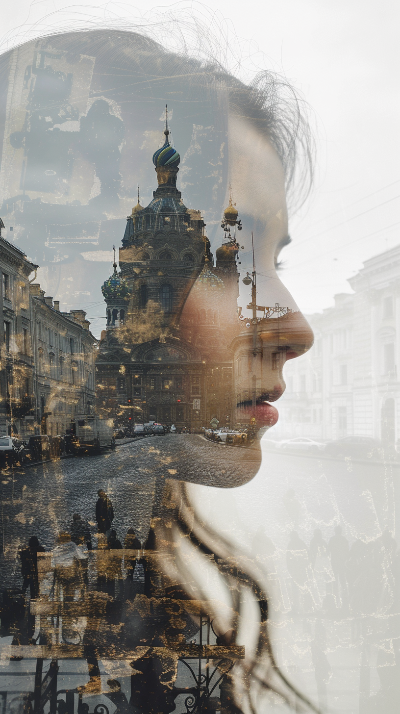 Double exposure crowded Saint Petersburg