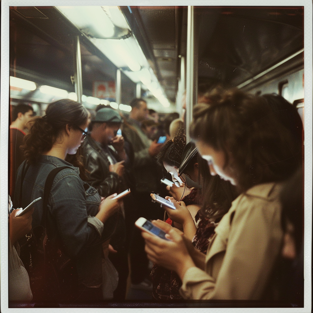 crowded subway with mobile phone users