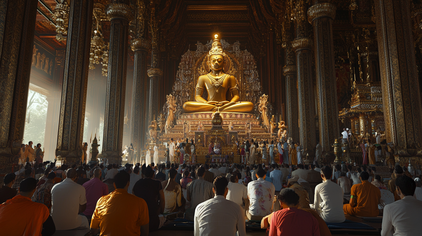 Crowded Temple Prayer Statue People