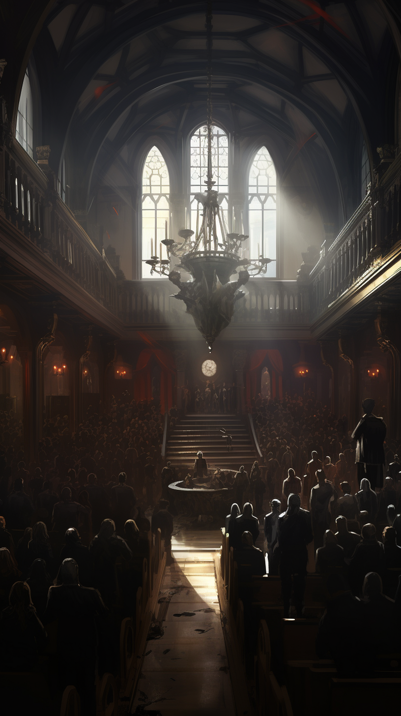 Busy court scene with dramatic lighting