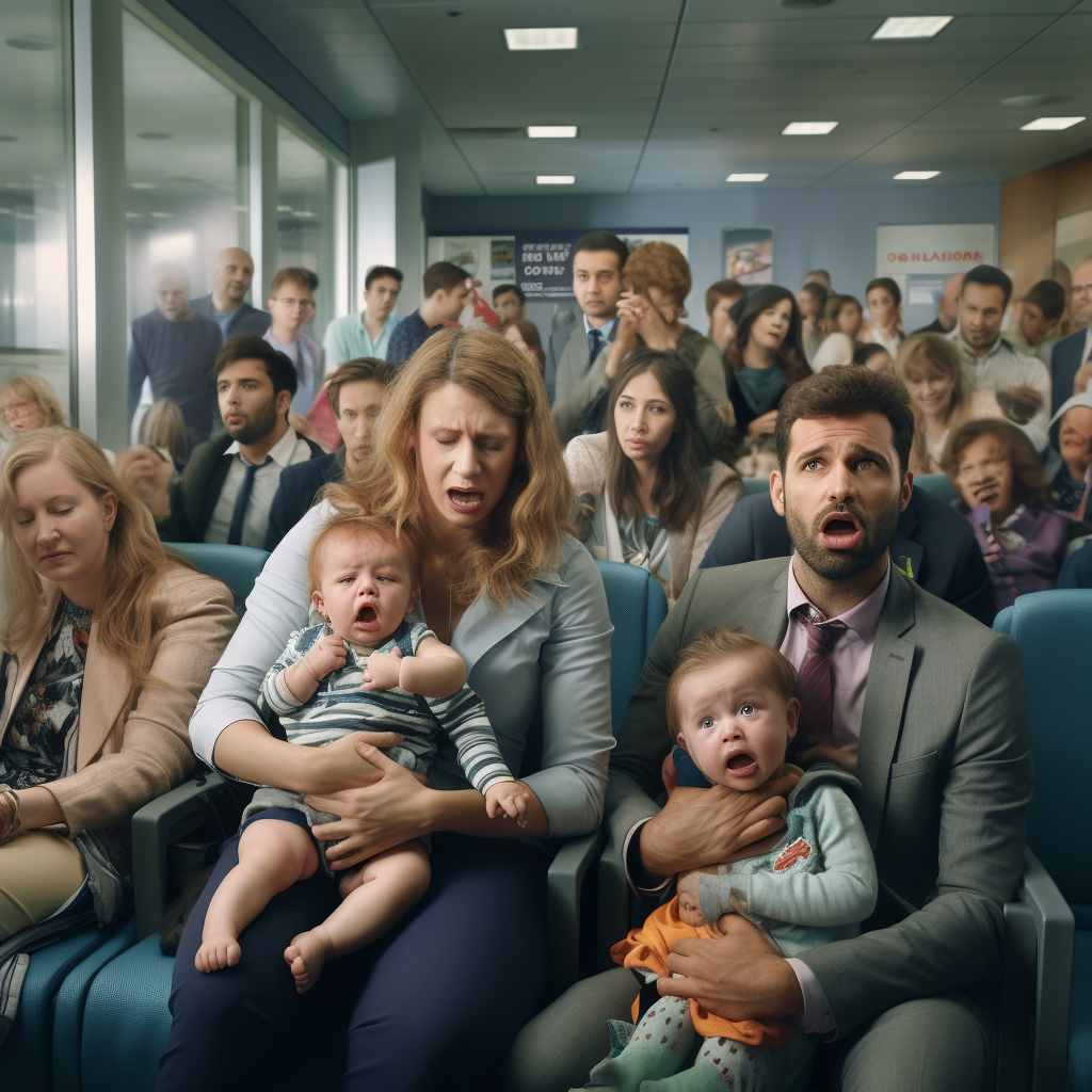 Parents and children in a crowded waiting room