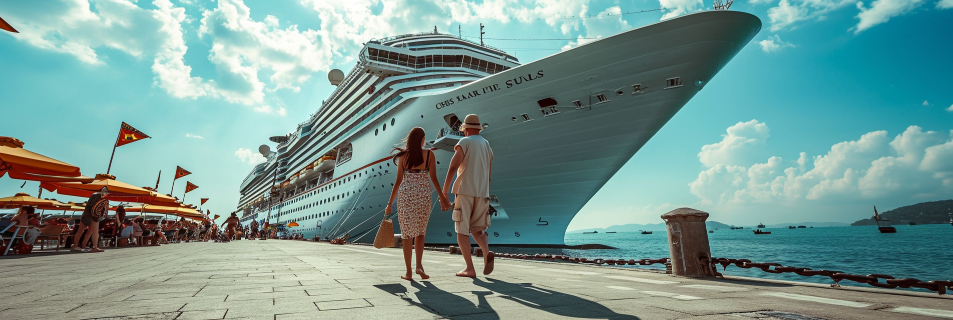 Tourist Couple Exiting Cruise Ship in Port Penang