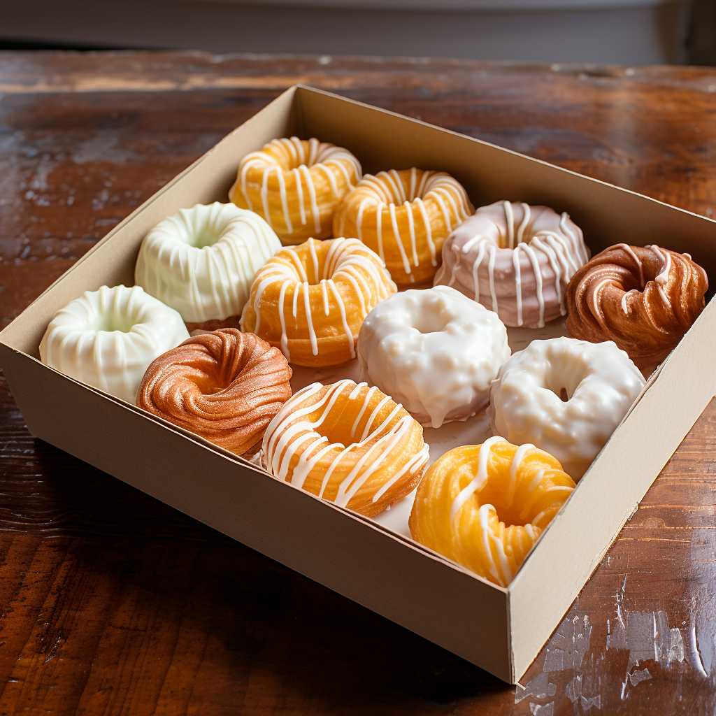 Delicious traditional crullers in a white clamshell box