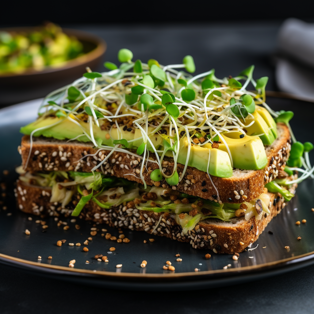 Tasty sandwich with sprouts and avocado on black plate