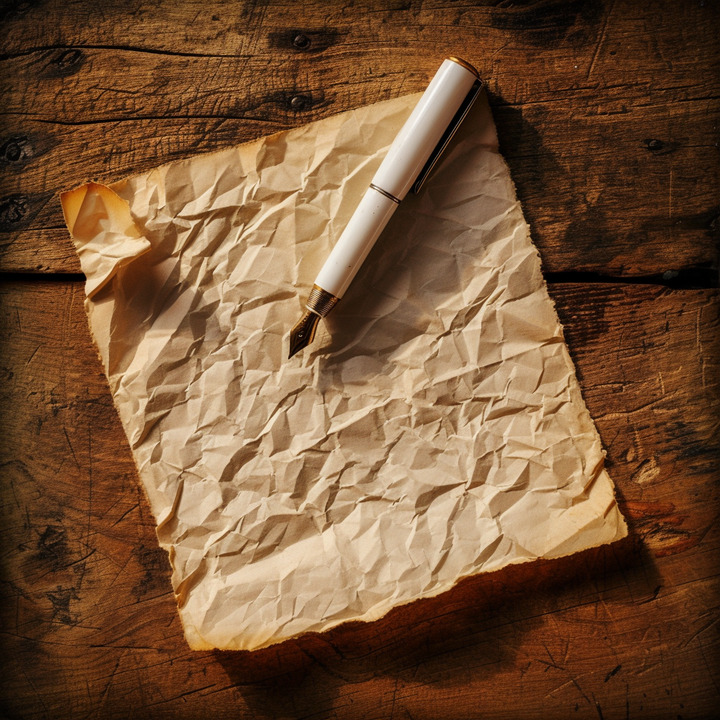 Crumpled sheet of paper, pen, wooden table