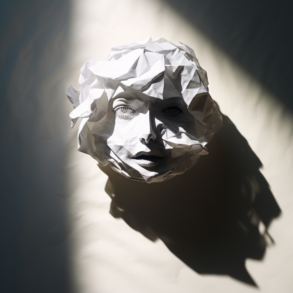 Crumpled paper with shadow creating a women face silhouette