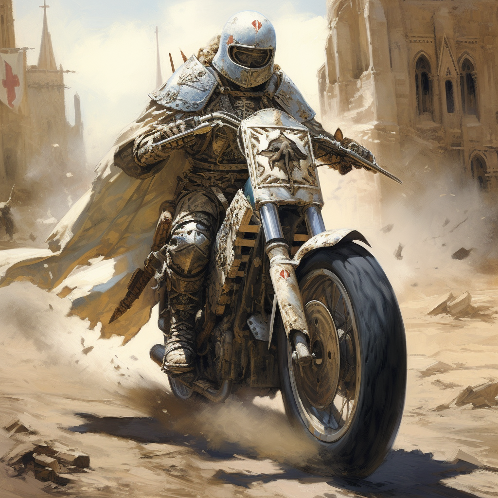 Crusader soldier on a motorcycle