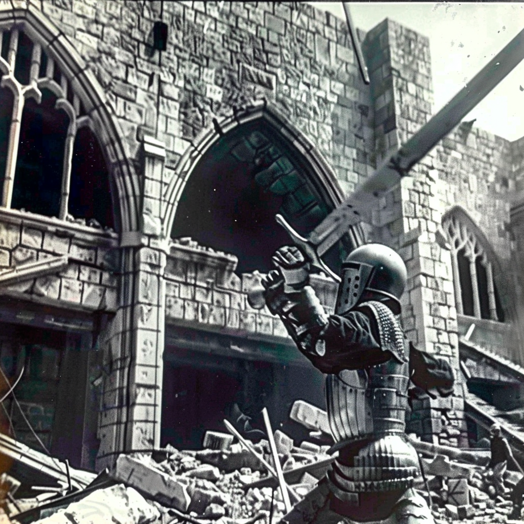 Crusader holding sword in ruins