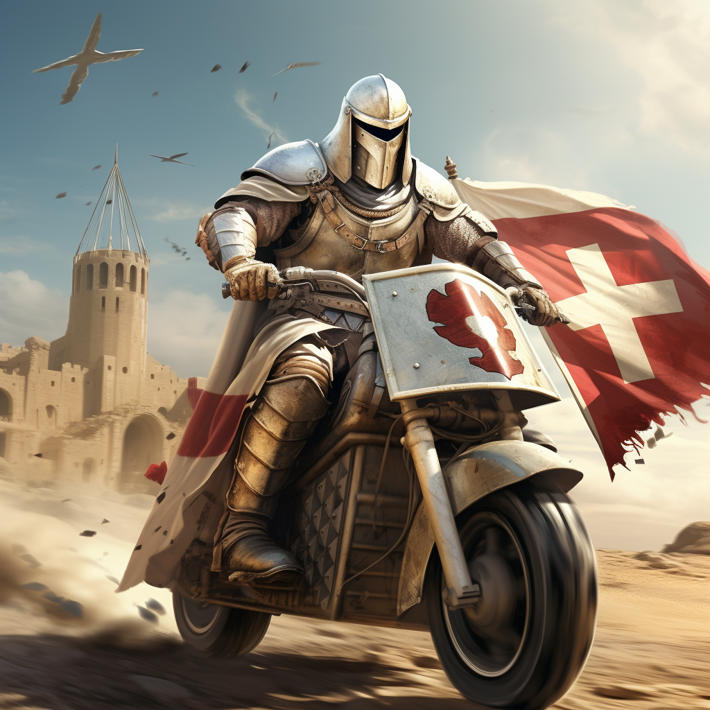 Crusader soldier on scooter with big flag