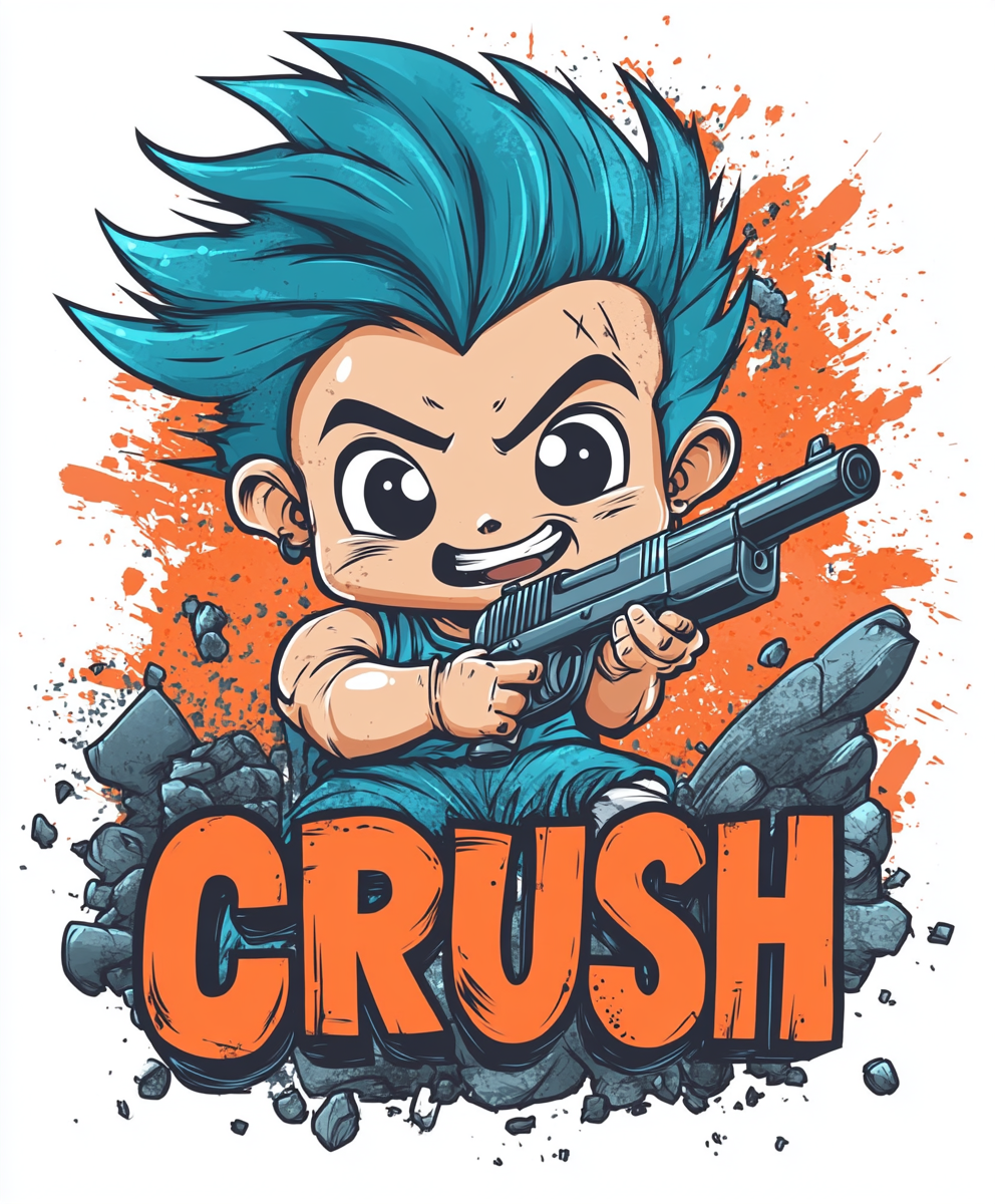 Baby holding gun with Crush logo