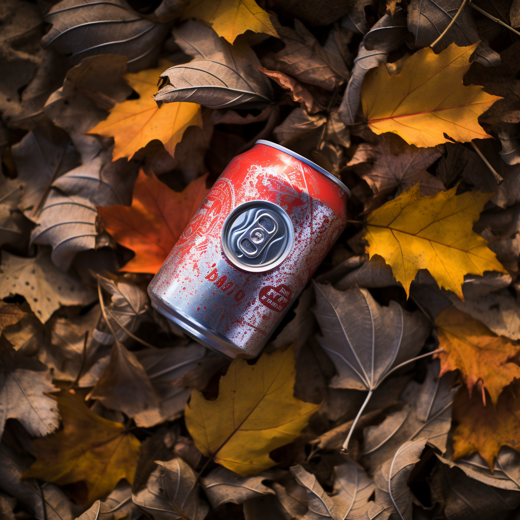 Crushed beer can covered in fall leaves